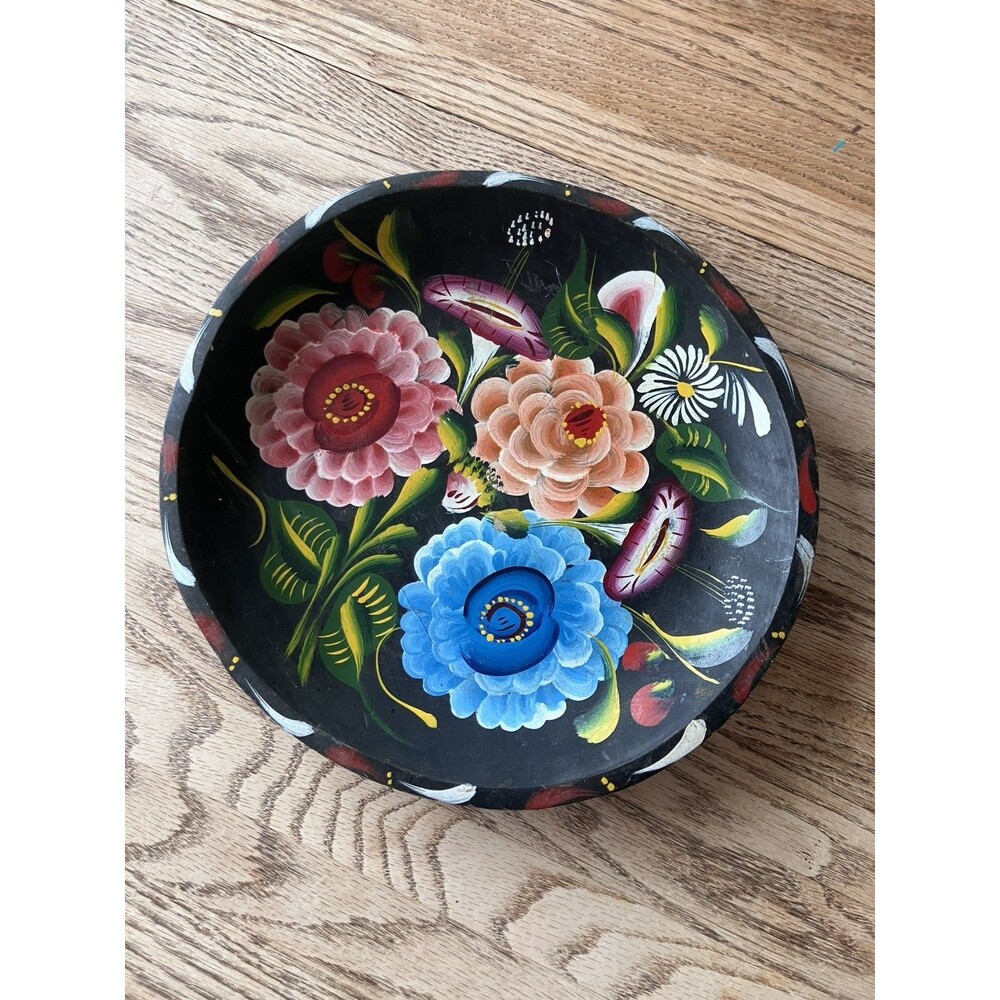 Vintage 11" Mexican Batea Bowl -Hand-Painted Floral Folk Art - Carved Wood Tray
